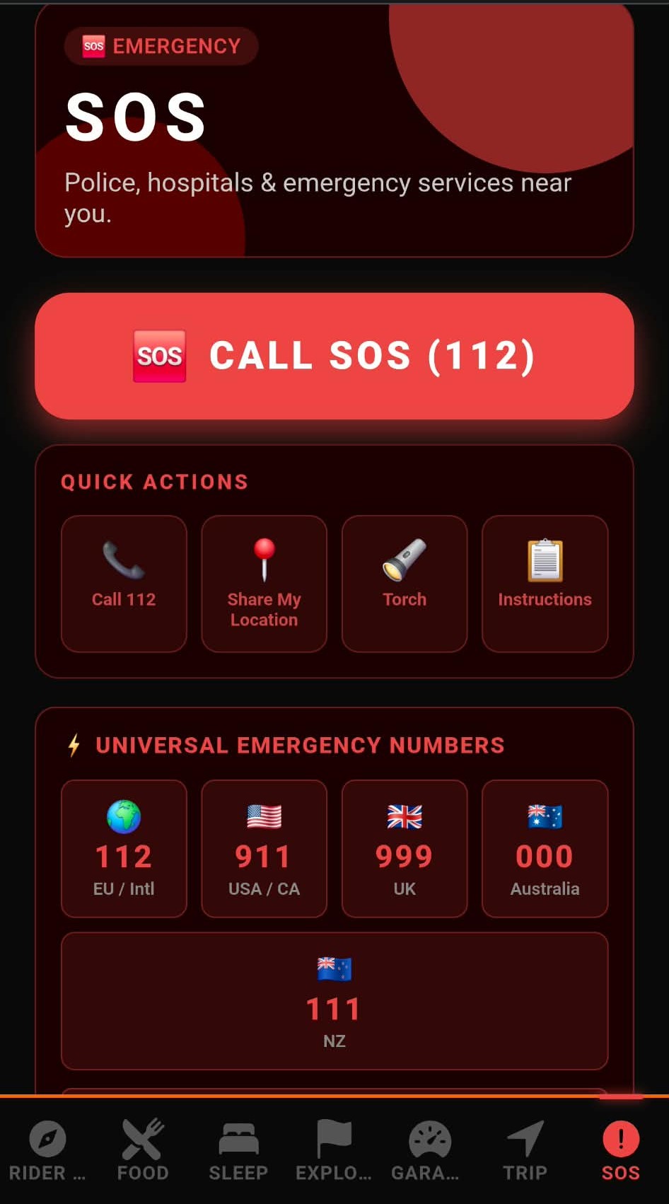 SOS Emergency screen